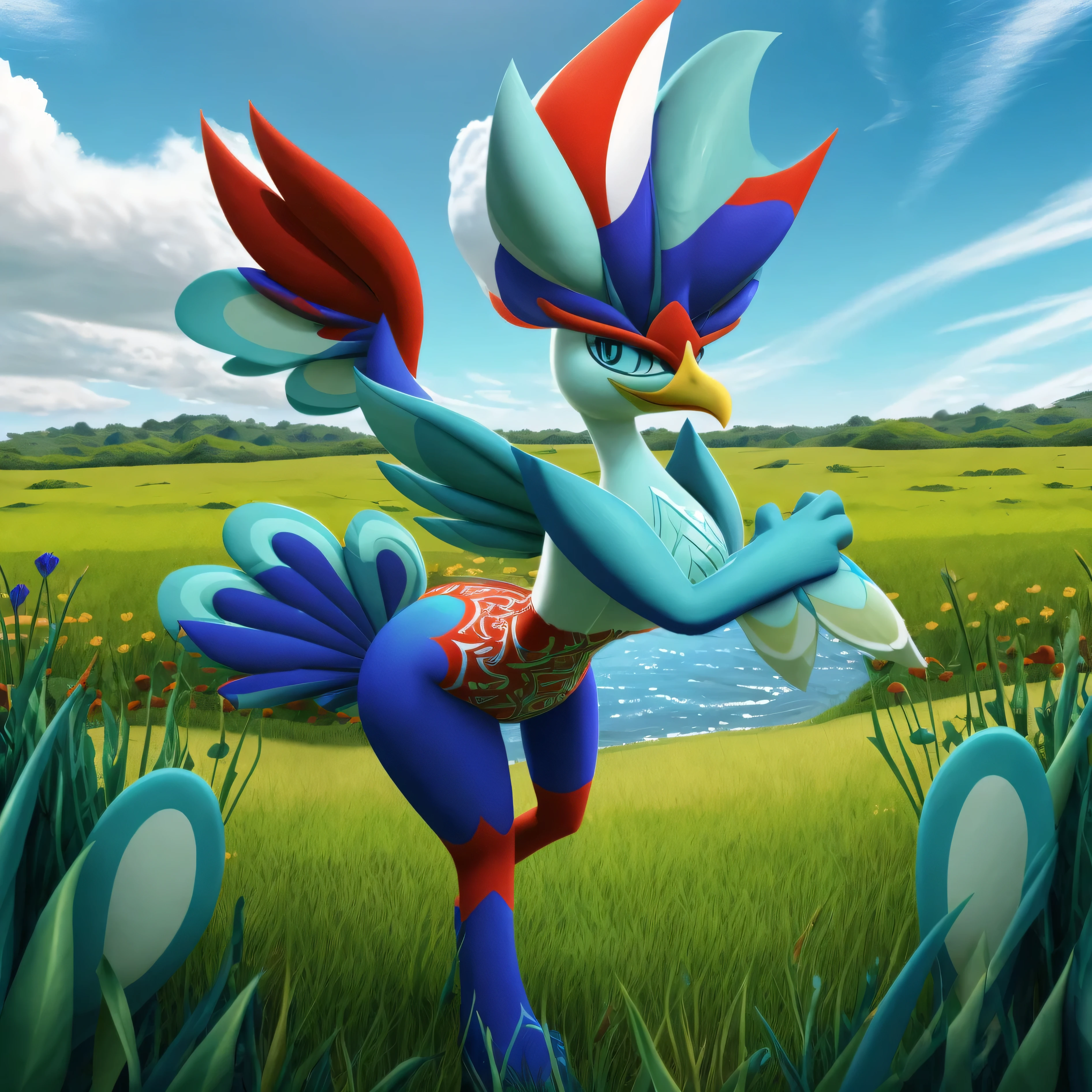 (masterpiece:1.2), (best quality), (ultra detailed), (8k, 4k, intricate), Pokemon, quaquaval, furry bird, grassy field,