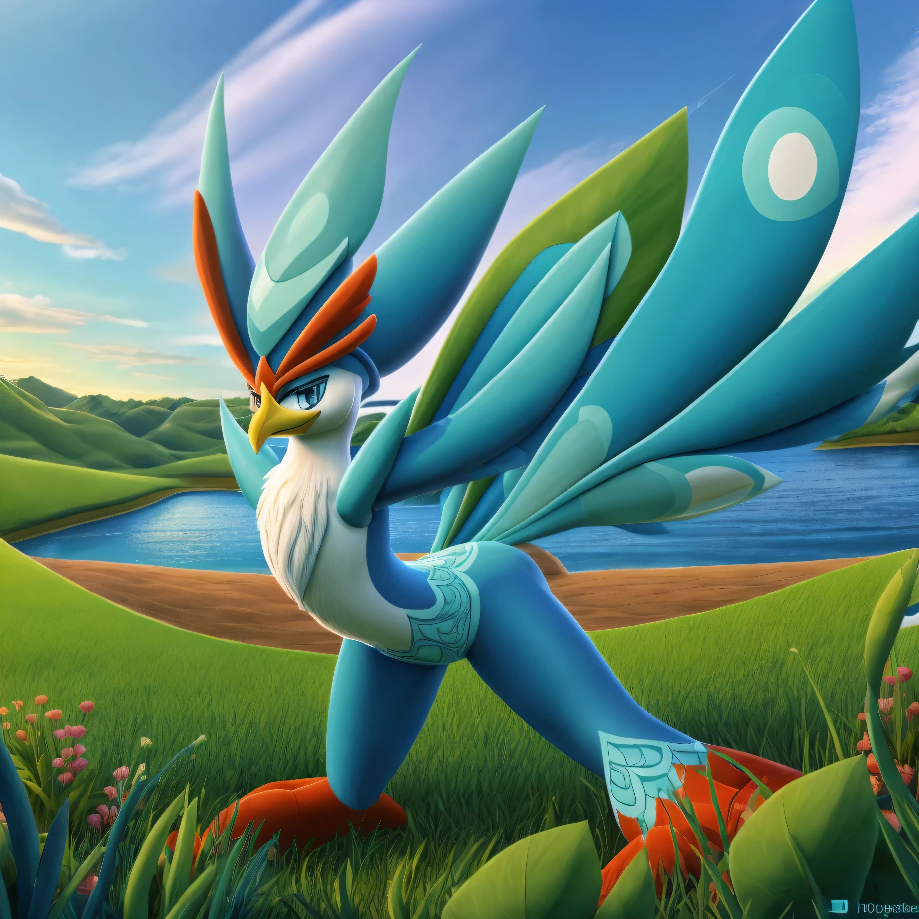 (masterpiece:1.2), (best quality), (ultra detailed), (8k, 4k, intricate), Pokemon, quaquaval, furry bird, grassy field,