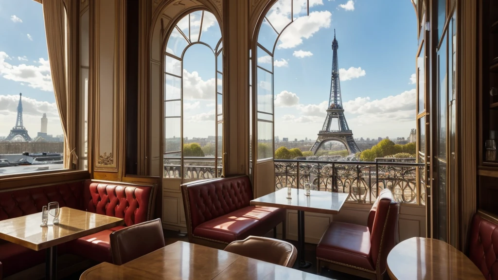paris coffee shop interior with a big window and view of the eifell tower, there are coffee cups in the tables