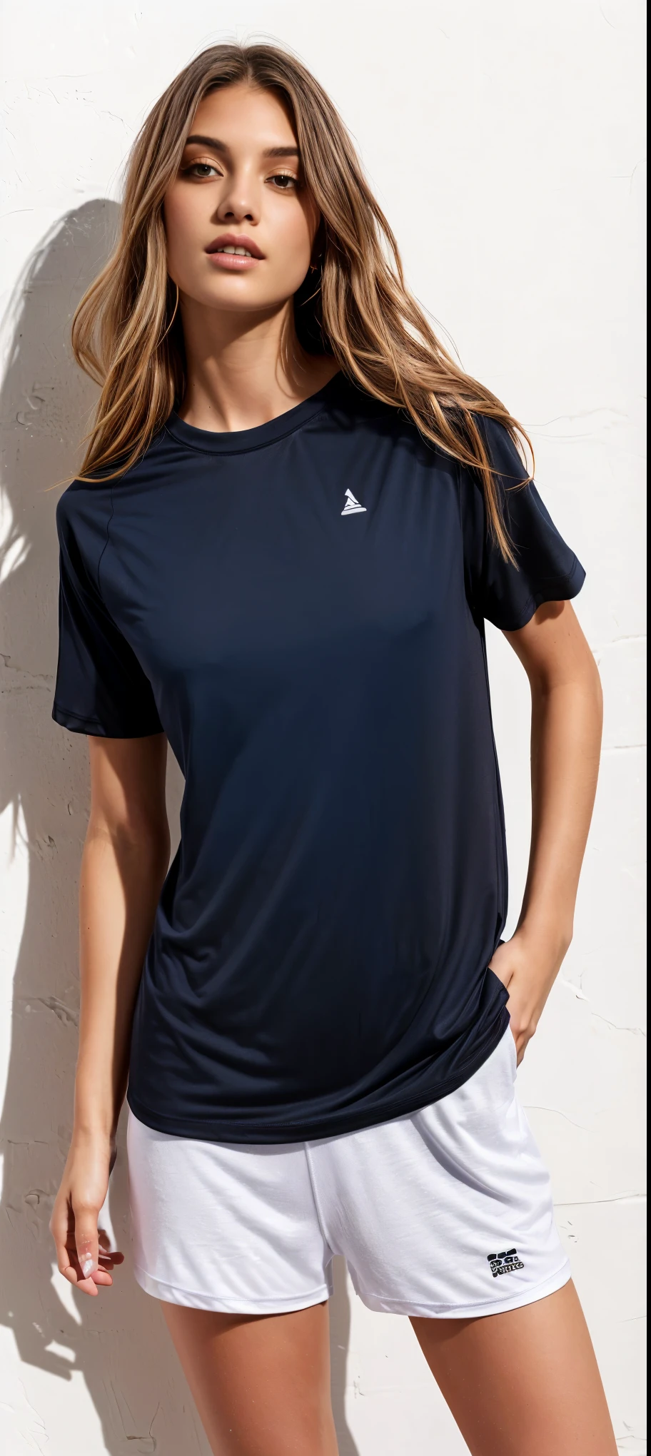 uma mulher de camisa preta e short branco posando para uma foto, camisa azul marinho, manga curta, camiseta preta, camisa azul escura, wearing a camiseta, wearing a black camiseta, sport camiseta, vestindo camiseta preta, camiseta azul apertada, camiseta, camiseta, vestindo uma camiseta preta, black camiseta