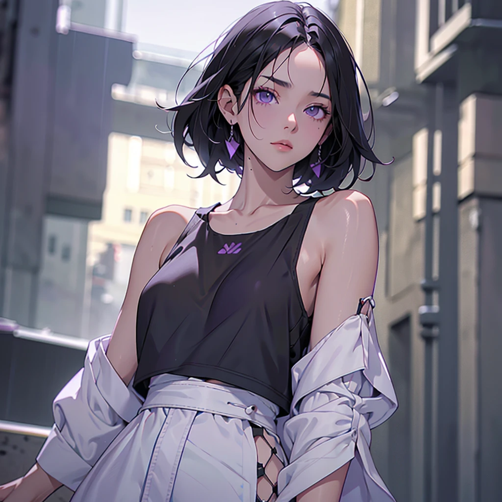 1girl, medium dark black hair, purple eyes, wearing white tank top, rainy, looking at the viewer, 8K, Hi-Res