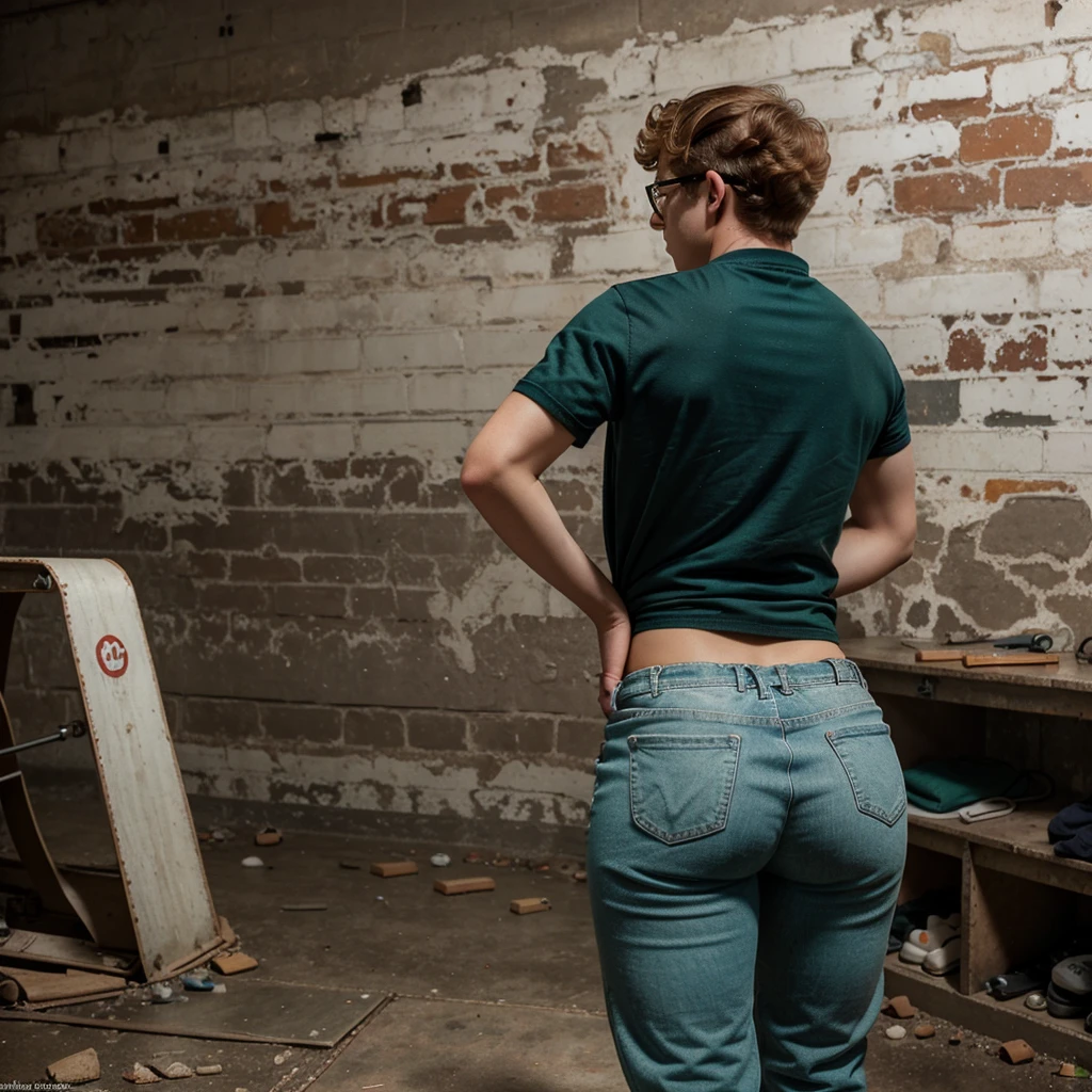 A  boy in loose fitting jeans pants and a loose t-shirt from behind, Black nerdy glasses, Sexy pose, Bent
forward, Looks worried and concerned, Young, Teen, Ginger hair, Curly hair, Dark green eyes, Tan skin, Freckles, Small nose,  Slender body, Plump booty, Round booty,  booty, Sexy booty, Plump
ass,  ass Sexy ass, Young boy, boy, Fembowink, Tracksuit boy, Solo Single Boy, 1 boy, oy, Nerdy  In an old
abandoned laboratory, Abandoned, Scary, Brick Walls, Laboratory, Ultra-detailed, Best quality,
Ultra-realistic, High quality