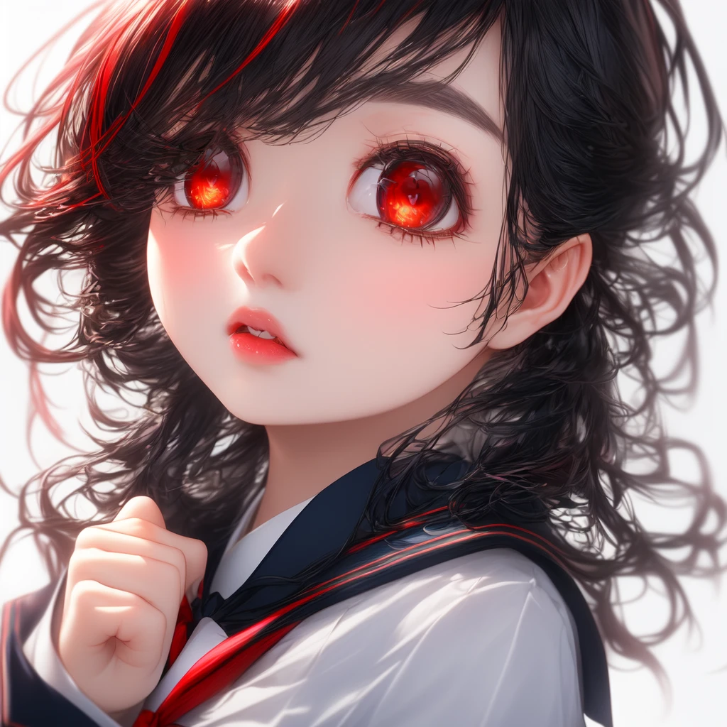 (1girl:1.3, solo), (a extremely pretty and beautiful Japanese woman), (sexy girl), (professional attire:1.3), (22 years old: 1.1), (attractive random posing:1.3), ( long, wavy black hair with red highlights :1.2), bangs, red eyes, beautiful eyes, princess eyes, (big eyes:1.3), bangs, long hair:1.3,(big breasts:0.95), (thin waist: 1.15), (detailed beautiful girl: 1.4), Parted lips, Red lips, full-make-up face, (shiny skin), ((Perfect Female Body)), (Upper Body Image:1.3), Perfect Anatomy, Perfect Proportions, (most beautiful Korean actress face:1.3, extremely cute and beautiful Japanese actress face:1.3), BREAK, (View viewer, wearing a school girl uniform, (insanely detailed collared sailor shirt:1.3, long-sleeve:1.3), (black box-skirt:1.3), detailed clothes, (simple background:1.2) (Studio soft lighting: 1.3), (sunlights: 1.3), (backlight: 1.3), (Realistic, Photorealistic: 1.37), (Masterpiece, Best Quality: 1.2), (Ultra High Resolution: 1.2), (RAW Photo: 1.2), (Sharp Focus: 1.3), (Face Focus: 1.2), (Ultra Detailed CG Unified 8k Wallpaper: 1.2), (Beautiful Skin: 1.2), (Hyper Sharp Focus: 1.5), (Ultra Sharp Focus: 1.5), (Beautiful pretty face: 1.3), (super detailed background, detail background: 1.3), Ultra Realistic Photo, Hyper Sharp Image, Hyper Detail Image,