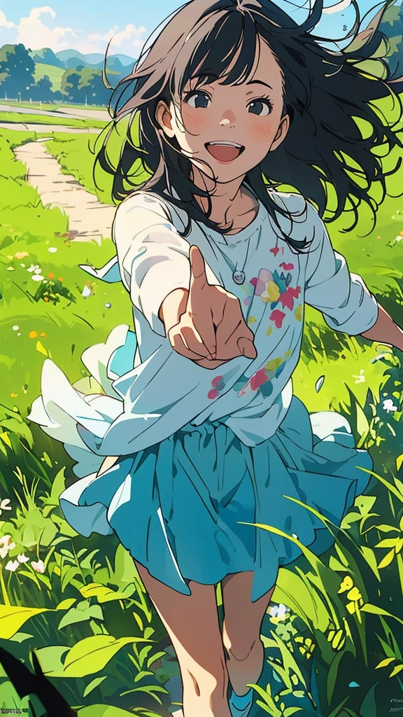 Reasonable design, Clear lines, High Sharpness, (Highest quality,4K,Perfect sharpness,Ultra-fine,High resolution,masterpiece:1.2), Perfect Anatomy:1.5, Official Art, Illustrations that tell a story, (Whitish background:0. 9)、Body Positivity、Diverse physical expressions、((Random and energetic poses))、Perfect beauty、Perfect beautiful face、(Strong winds)、Rich expressiveness、Dynamic configuration、smile、Golden ratio composition、colorful、((Different angles and perspectives))、Anime Drawing Skirt、(Overcoming stereotypes)、 Glowing Skin、(Natural Beauty)、bangs、Straight hair、(Soft and flowing hair)、(countryside)、(Nostalgic atmosphere)、Put it on your feet、(Playful and easygoing)、(diverse characters)、(Graceful posture)、(Sunny atmosphere)、(Bright colors)、Inserted up to the thigh、Skirt fluttering in the wind、Angle from above,Timid girl、