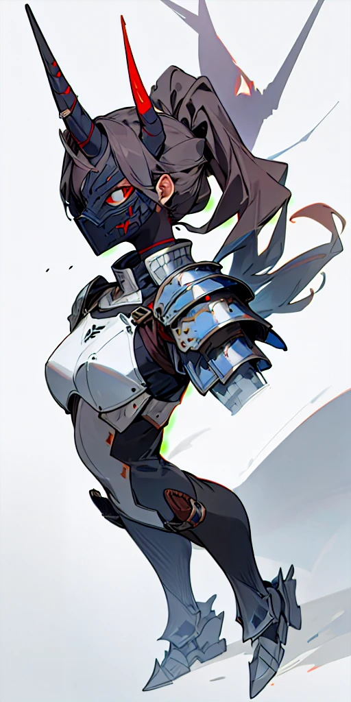 1Girl, Hero suit, Armored, Looking strait, portrait, horn, shoulder armor, Masked hero, Full body