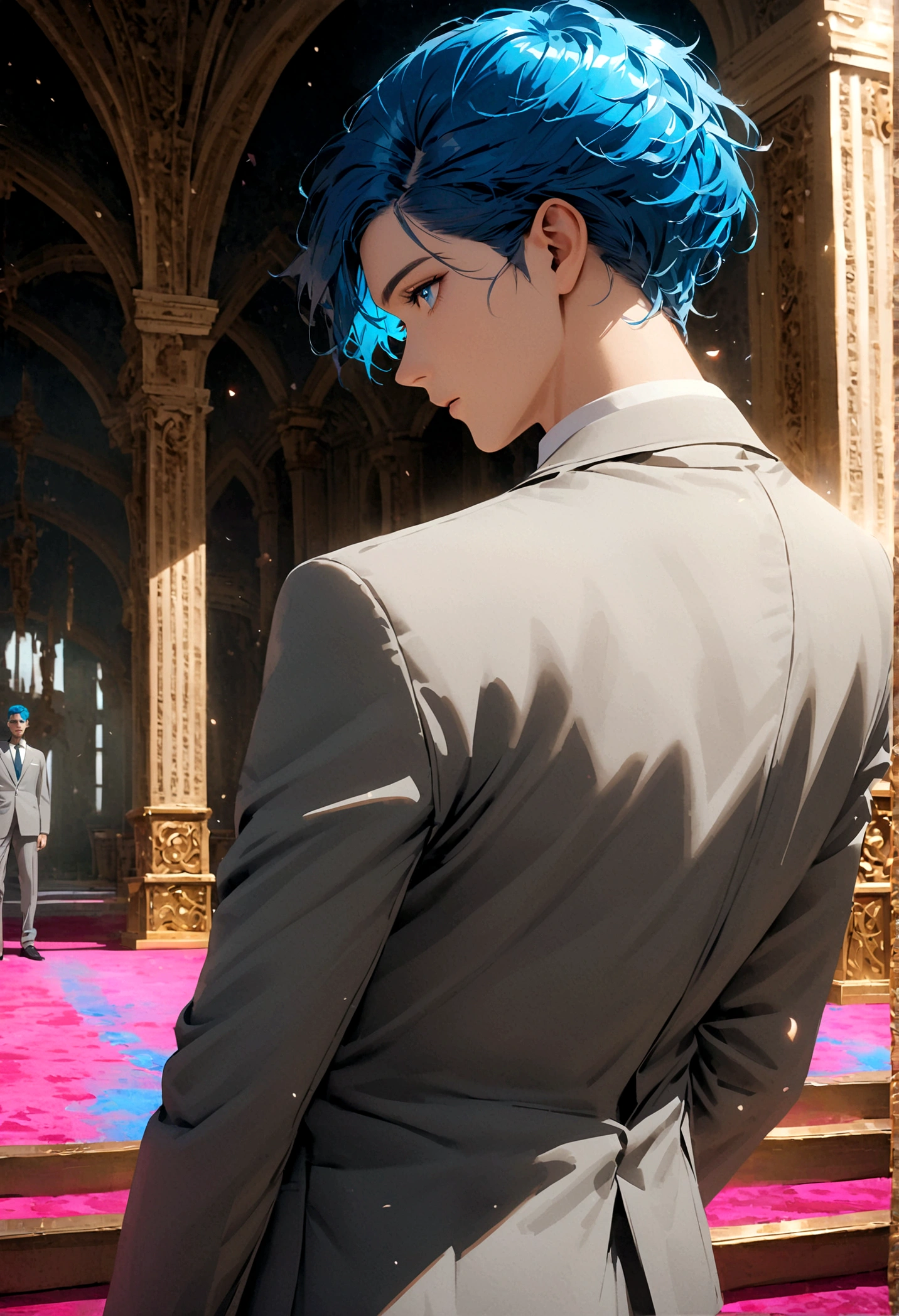 A blue-haired, blue-eyed man in a gray suit turned his back and half his face, standing alone in the middle of the palace.