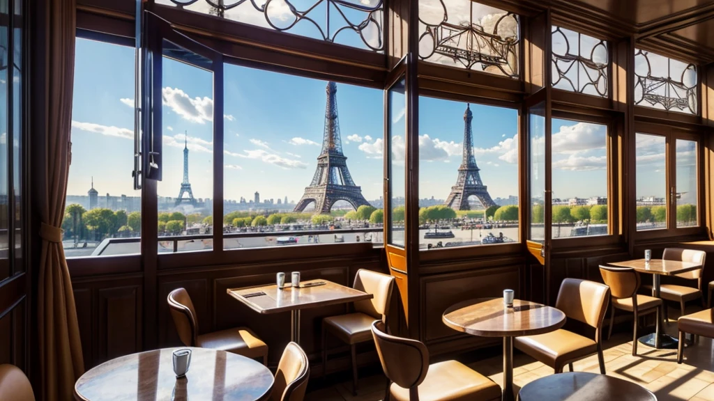 paris coffee shop interior with a big window and view of the eifell tower, there are coffee cups in the tables
