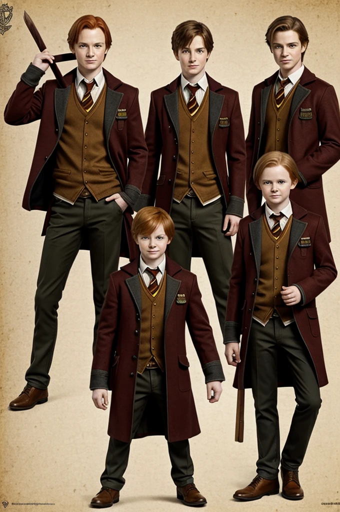 Crea varios dibujos de los gemelos Weasleys de Harry Potter 
