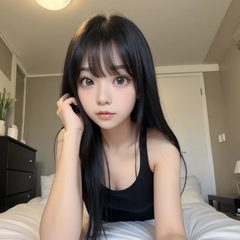 cute、Long Black Hair、Tank top、sexy、double eyelid、Big eyes、Small face、Realistic Hair、Bedroom、valley、bangs,