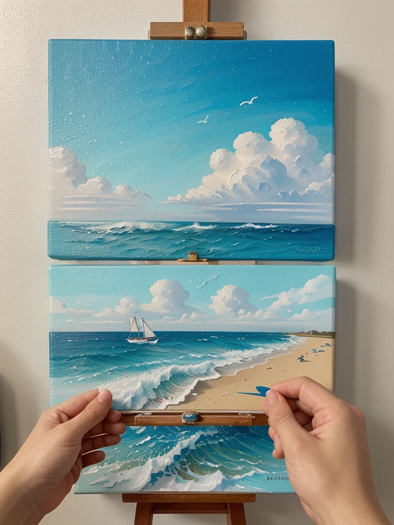 "Create a photograph of a small-sized canvas with a sea-themed painting in progress."
"Create a photograph of a small canvas with a sea-themed painting in progress on an easel."