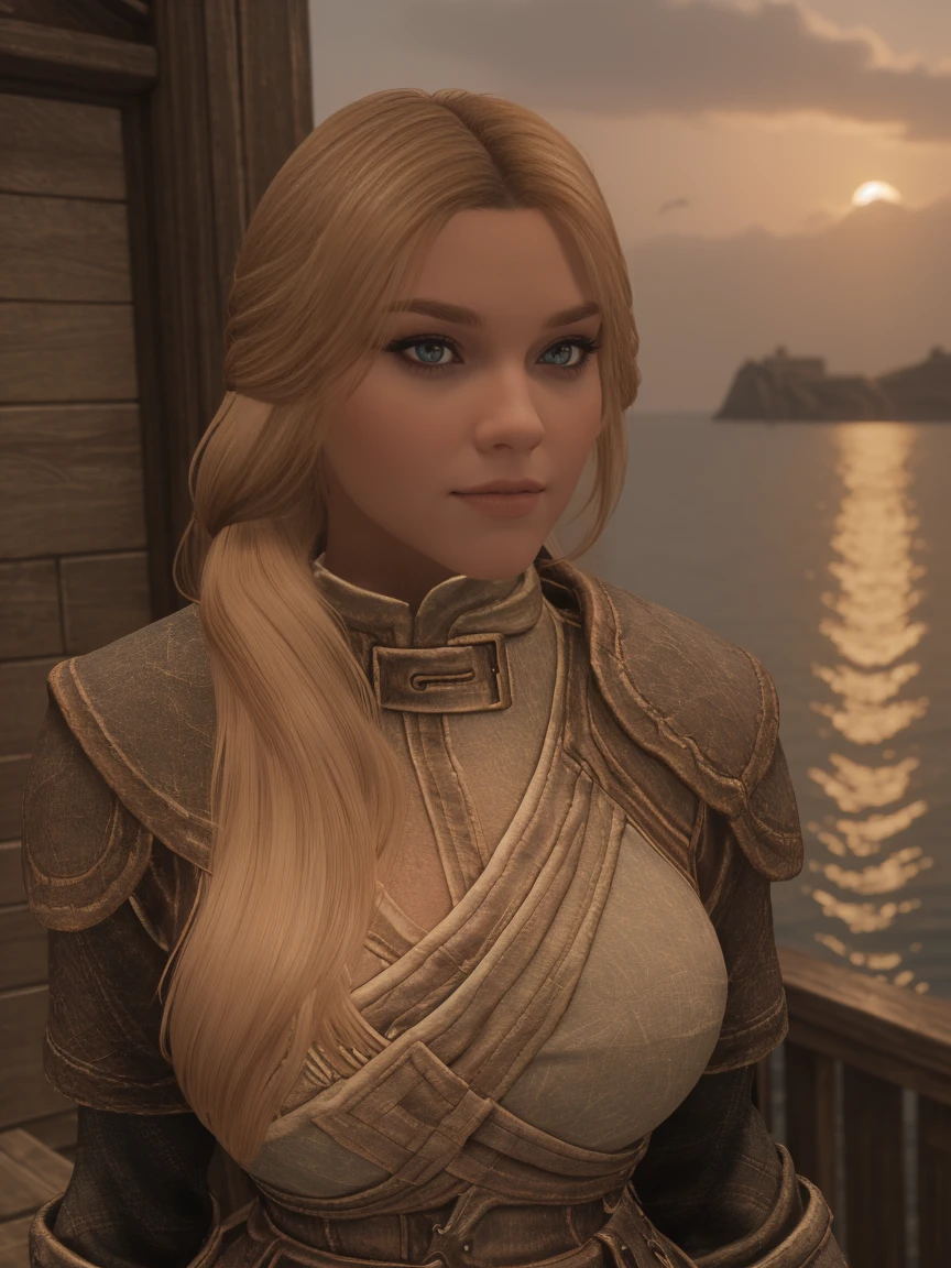 closeup shot of a stunning female Breton maiden stands poised on the weathered deck of a majestic ship at sunset in Skyrim. Her porcelain skin glows softly, illuminated by the warm rays of the rising sun. Delicate features and raven tresses frame her enigmatic smile as she gazes out to sea, the wind gently tousling her locks, blonde hair,female breton