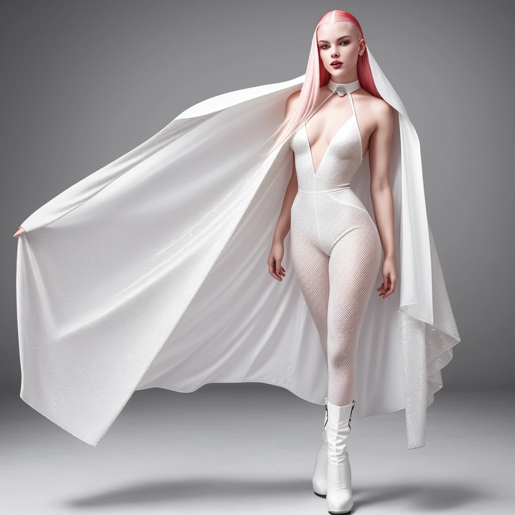 High-resolution, black-and-white masterpiece: 1.0, A mesmerizing Swedish albino model, Stunning albino beauty, Monochrome portrait, 25-year-old, Erotic vibes, Graceful and Elegant, Unique features, Oversized head, Long neck, Black teeth, Striking pink eyes, Confident pose, Pristine white room, Vintage glamour, White disco ensemble, Shimmering mesh jumpsuit, White leather boots, Dazzling cape, Shaved head, Red velvet choker, Minimalist background, Distinction, Pure elegance, Atmosphere of distinction.