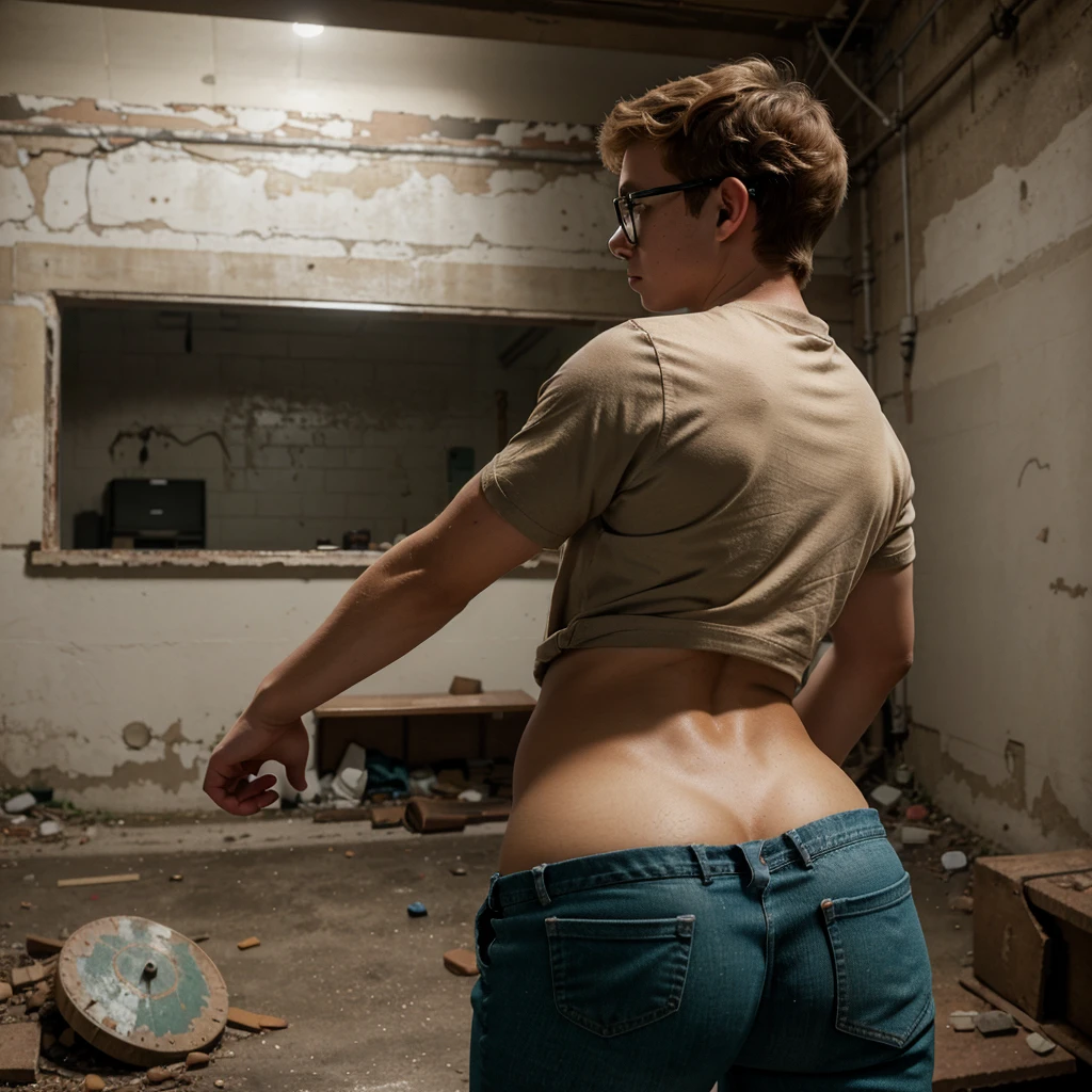 A  boy in loose fitting jeans pants and a loose t-shirt from behind, Black nerdy glasses, Sexy pose, Bent
forward, Looks worried and concerned, Young, Teen, Ginger hair, Curly hair, Dark green eyes, Tan skin, Freckles, Small nose,  Slender body, Plump booty, Round booty,  booty, Sexy booty, Plump
ass,  ass Sexy ass, Young boy, boy, Fembowink, Tracksuit boy, Solo Single Boy, 1 boy, oy, Nerdy  In an old
abandoned laboratory, Abandoned, Scary, Brick Walls, Laboratory, Ultra-detailed, Best quality,
Ultra-realistic, High quality