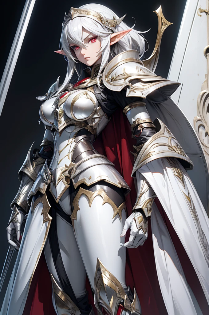 female elf knight, full body complete art, silver hair, white skin, red iris eye, knight full plate adorned armor, silver cape, perfectly detailed
