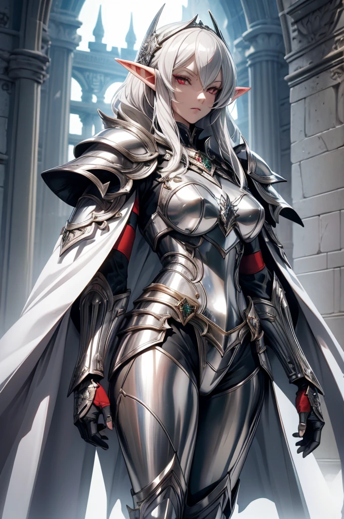 female elf knight, full body complete art, silver hair, white skin, red iris eye, knight full plate adorned armor, silver cape, perfectly detailed