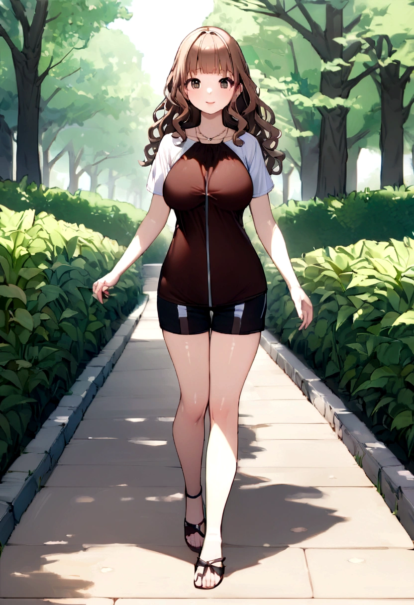 ((Full Body Angle))、((前hair:1.2))、((Highest quality, 8K, masterpiece: 1.3)), concentrated: 1.2, Cute girl 1,Nipples erect、 Perfect beauty: 1.4,Cut and sewn T-shirt Raglan sleeve summer short sleeve T-shirt.Shorts: 1.2,Long sleeve、Randall Color、comics&Text Graphics、Black ruffle-trimmed drawstring zip blouse,1.1, 非常に詳細な顔とskinの質感, Fine grain, double eyelid, 美白skin, ,Highest quality,Ultra-high resolution,you,1 girl,alone,_Shiny_skin,Iris,necklace,((brown_length_Wavy_hair)),(lips)),eyelash,前hair,deal with,compensate,Shiny,pore,skin,Large Breasts、smiling face、Walking in the park、walk、
