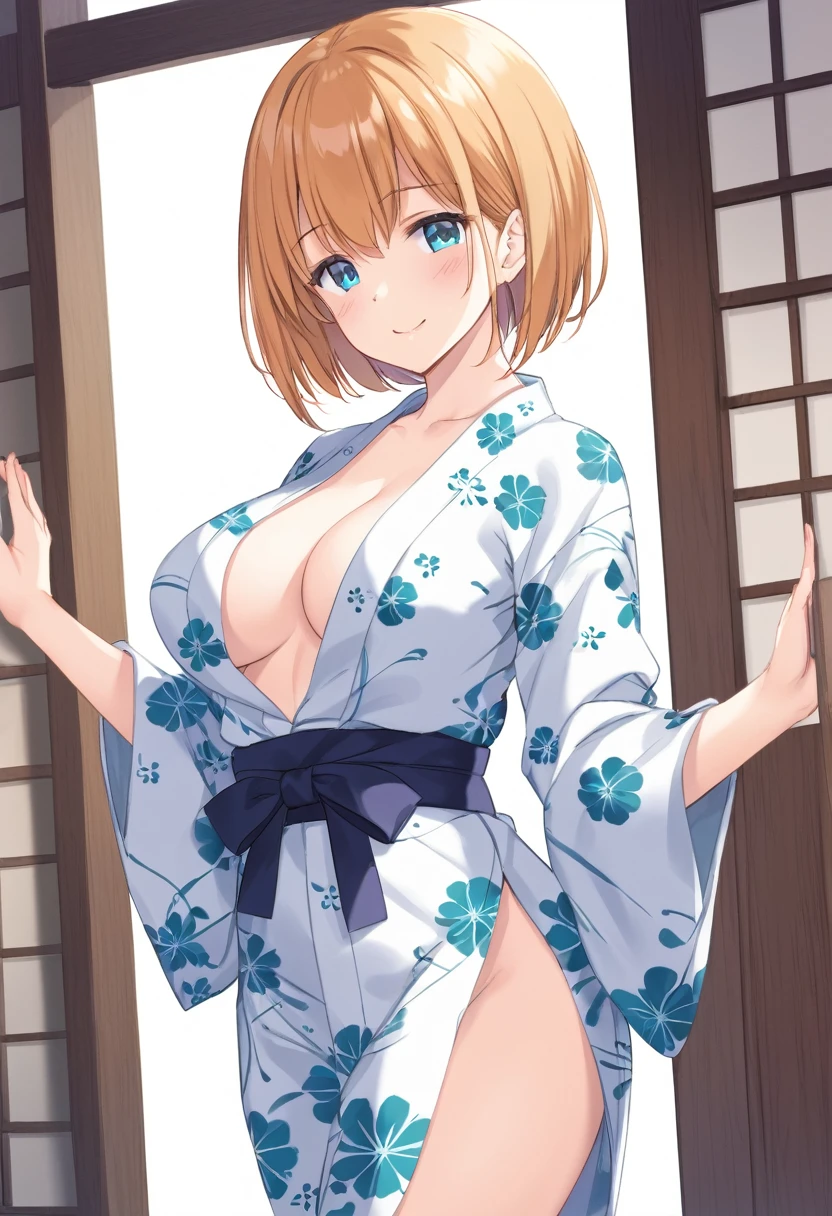 Cute beautiful girl、Beautiful breasts、naked、(Crouch down and brace yourself:1.2)、Open yukata,