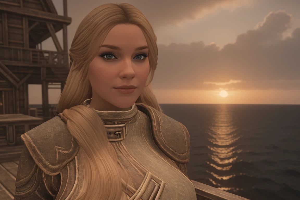 closeup shot of a stunning female Breton maiden stands poised on the weathered deck of a majestic ship at sunset in Skyrim. Her porcelain skin glows softly, illuminated by the warm rays of the rising sun. Delicate features and raven tresses frame her enigmatic smile as she gazes out to sea, the wind gently tousling her locks, blonde hair,female breton