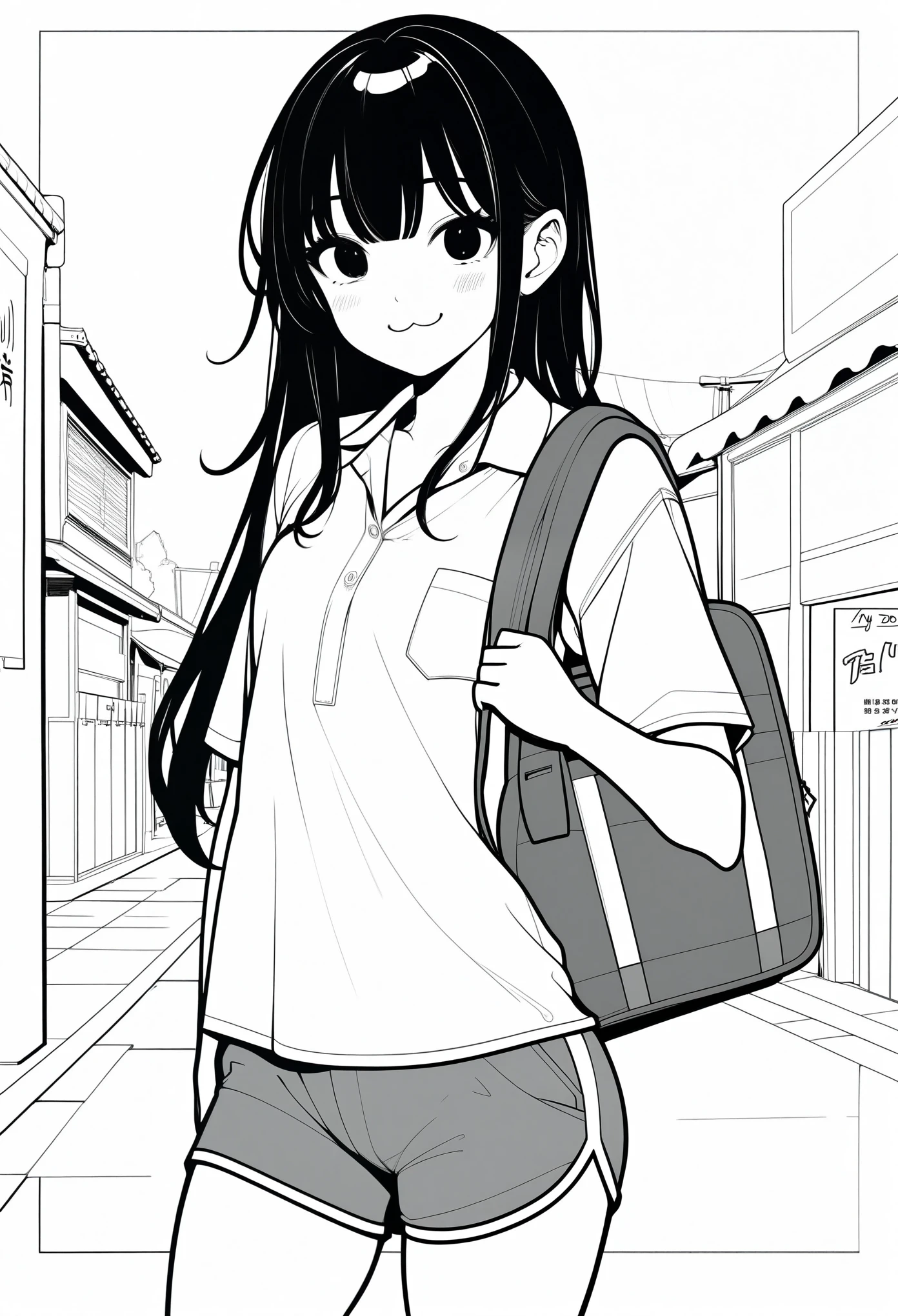 masterpiece, best quality, 1girl, jyt:3, grayscale, style: manga, japanese, chi no wadachi, black eyes, street, iced, black hair, schoolbag, smile, lineart, white background, white shirt, grey shorts,