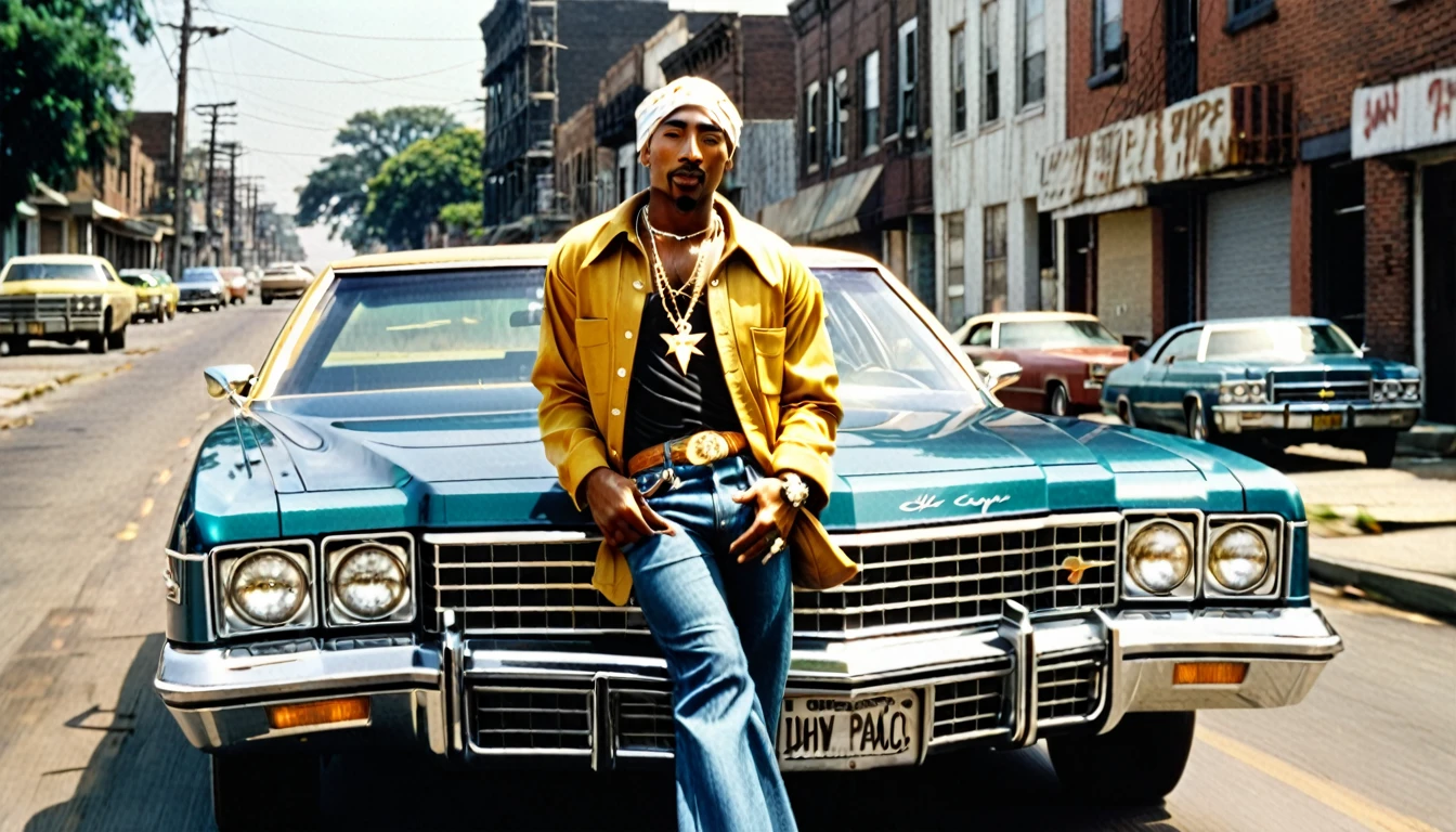 1970s photo of "2Pac" wearing 1970s attire, he is driving a "Chevy Impala" thru the ghetto, cinematic action, atmospheric perspective,