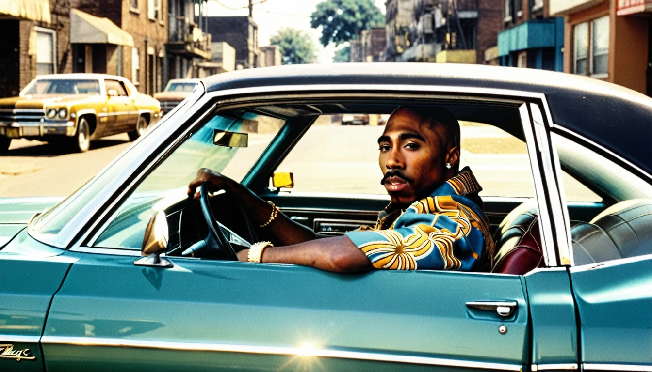 1970s photo of "2Pac" wearing 1970s attire, he is driving a "Chevy Impala" thru the ghetto, cinematic action, atmospheric perspective,