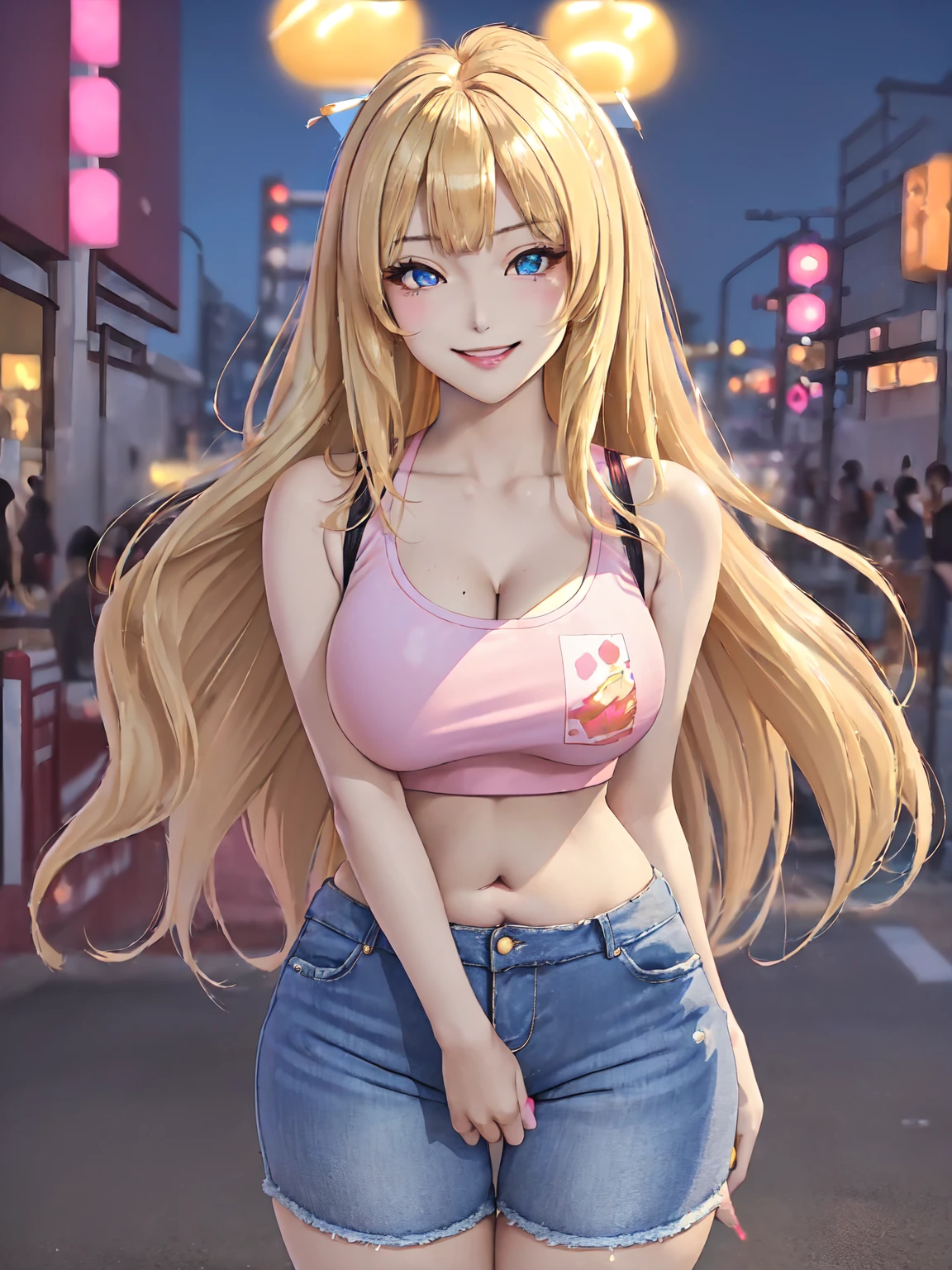 (This is a close-up shot of a gyaru Japanese girl:1.5), (standing in a city street:1.3), (at night with neon lights in the background:1.4), (solo:1.4), (1girl:1.4), (long blonde straight hair with blunt bangs:1.4), (heavy makeup:1.4), (dramatic winged eyeliner:1.3), (pouty pink glossy lips:1.3), (tanned skin:1.3), (wearing a revealing crop top:1.4), (tight jean shorts showing midriff:1.4), (detailed face:1.4), (beautiful detailed eyes:1.4), (big cheerful smile:1.4), (slightly squinting eyes from smiling:1.3), (large breasts:1.4), (slender curvy figure:1.4), (masterpiece:1.3), (best quality:1.4), (ultra high res:1.3), (photorealistic:1.2)