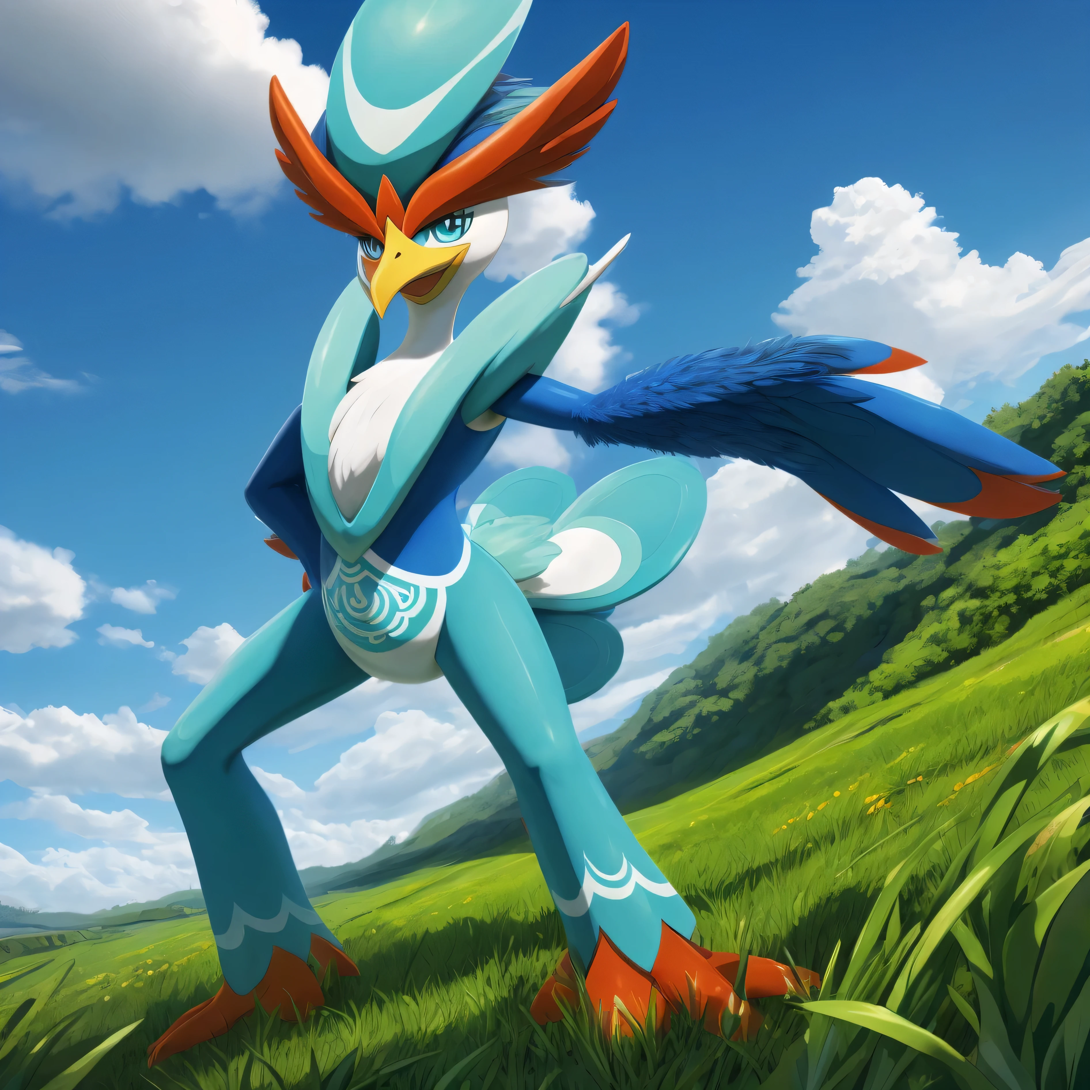 (masterpiece:1.2), (best quality), (ultra detailed), (8k, 4k, intricate), Pokemon, quaquaval, furry bird, grassy field,