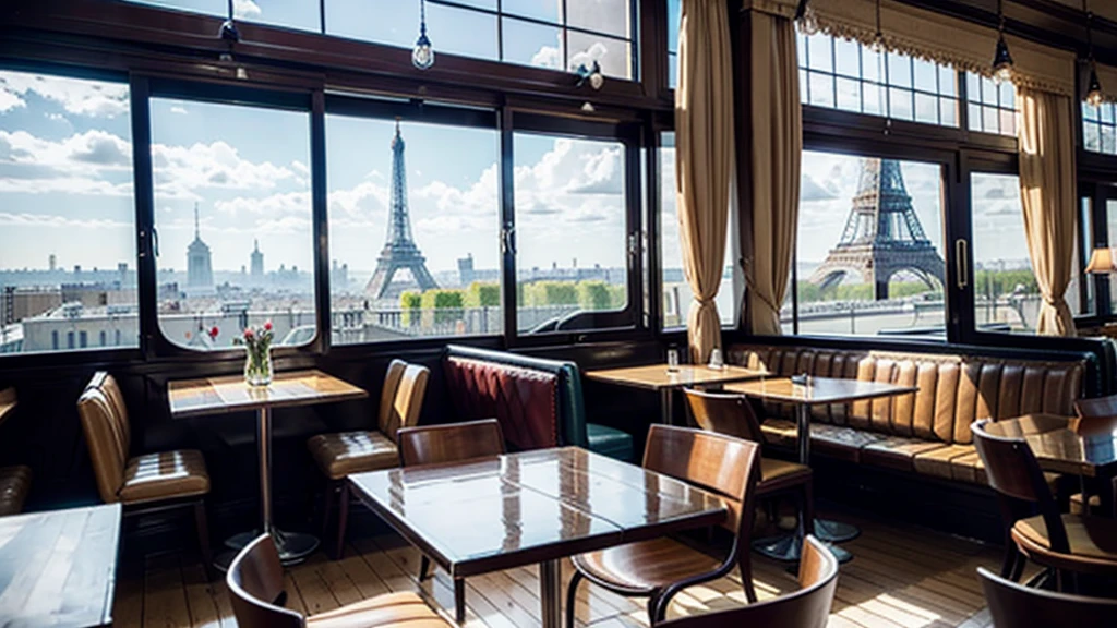 paris coffee shop interior with a big window and view of the eifell tower, there are coffee cups in the tables