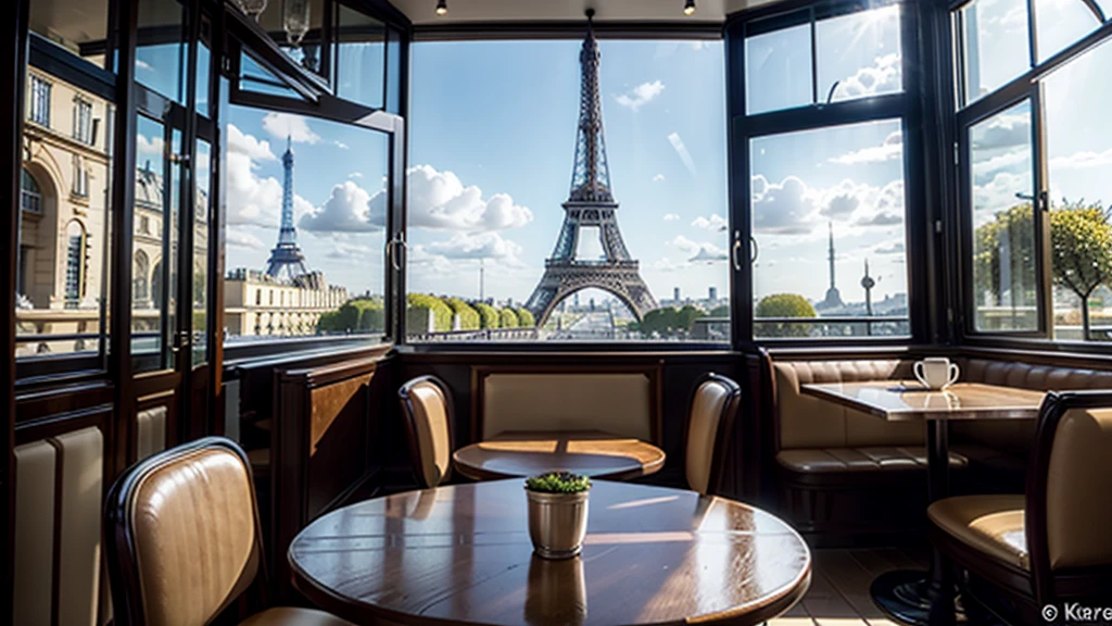 paris coffee shop interior with a big window and view of the eifell tower, there are coffee cups in the tables