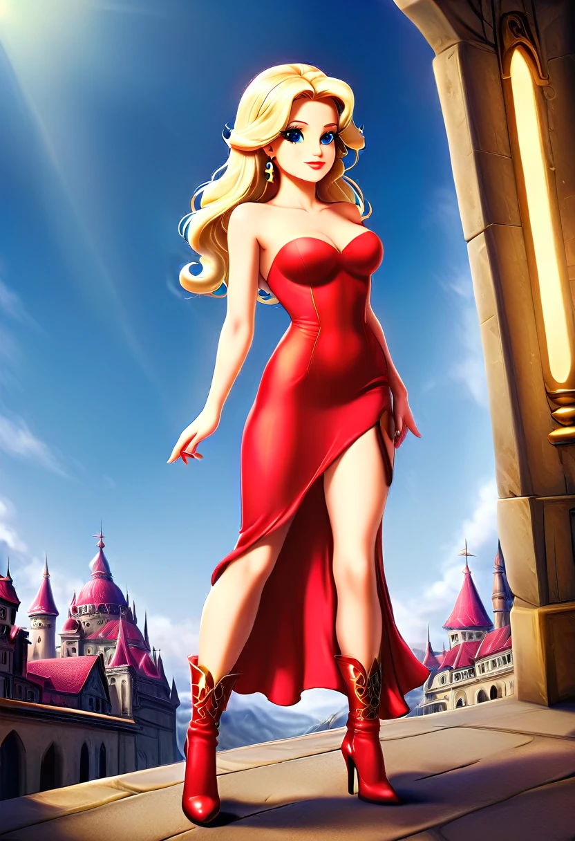 Arafed, a picture of a female angel in high society prom event, divine beautiful female angel, blond hair, long hair, flowing hair, the hair glows in a soft light, cerulean eyes, deep light eyes, divine beautiful face, folded white feather wings, she wears a ((red evening dress: 1.2)), elegant, (intricate detailed dress: 1.5) , silk dress, she wears elegant knee high heeled boots, exquisite high heeled boots, she stands on the porch of a fantasy castle, dynamic angle, soft torch light, (Masterpiece: 1.5), 16k, highres, best quality, high details, ultra detailed, masterpiece, best quality, (extremely detailed), AngelStyle, GlowingRunesAI_paleblue, angel_wings