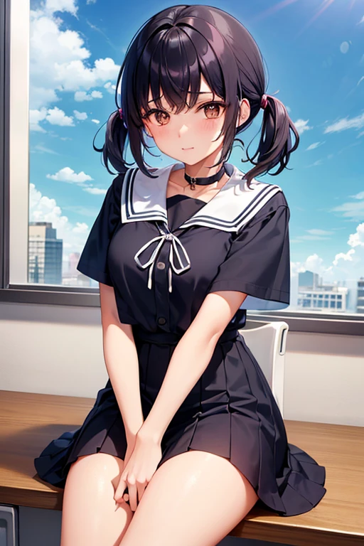 una chica con cabello corto de color rosa. She is dressed in a sailor (sailor uniform), que incluye una blusa negra con detalles blancos en el cuello y las mangas, una falda negra y un lazo amarillo en el pecho. The girl is sitting on a desk in a classroom. The living room has windows that allow natural light to enter., iluminando la escena. The girl's expression is calm and her gaze is directed towards the camera.
The girl's position is in profile, mostrando su lado derecho. His legs are partially crossed, con una pierna sobre la otra. Behind her, se pueden ver algunos escritorios y sillas alineados, as well as a green chalkboard on the back wall.