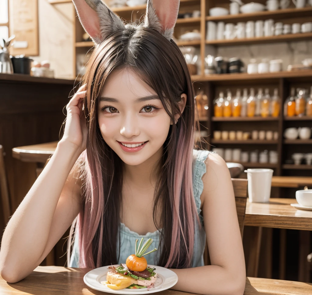 26 years old、Tabletop, Highest quality, shape, Very detailed, In detail, High resolution, 8k wallpaper, Perfect dynamic composition, Beautiful details, ,Long Hair,Her hair color is a gradation of silver and pink., Natural color lip, smile、Rabbit ears grow、A fusion of rabbit and human、Pointy ears、Human merging with rabbit、No ears、Humans without ears、The rabbit has a tail.、Clothes with fur、Ears hidden by hair、Cafe Terrace、Large front teeth、Eating carrot dishes