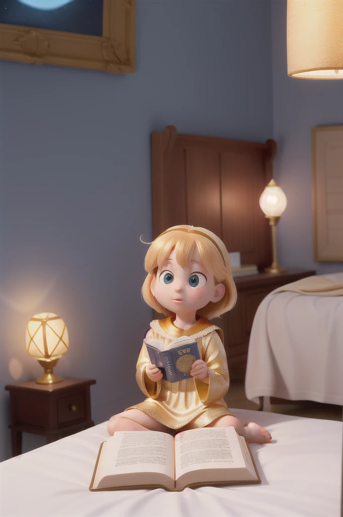 there is a with golden hair with beautiful and big brown eyes with white sparkles, she is in her room, while she is holding a book with a golden cover, she is sitting on the bed, and from the book emanates a golden light (( the book is magic)) the blue light emanates from the pages of the book, ((the blue light reflects on the little girl's face)), the book is color golden, is night and the only light is light from book, ((shiny light from book))