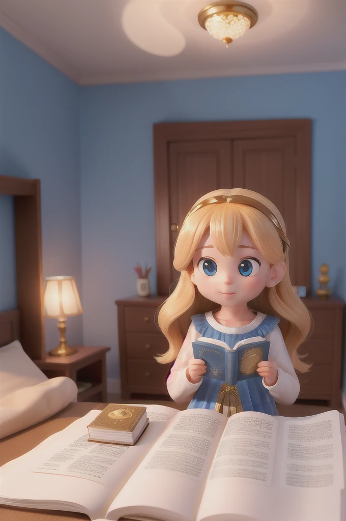 there is a with golden hair with beautiful and big brown eyes with white sparkles, she is in her room, while she is holding a book with a golden cover, she is sitting on the bed, and from the book emanates a golden light (( the book is magic)) the blue light emanates from the pages of the book, ((the blue light reflects on the 's face)), the book is color golden, is night and the only light is light from book, ((shiny light from book))