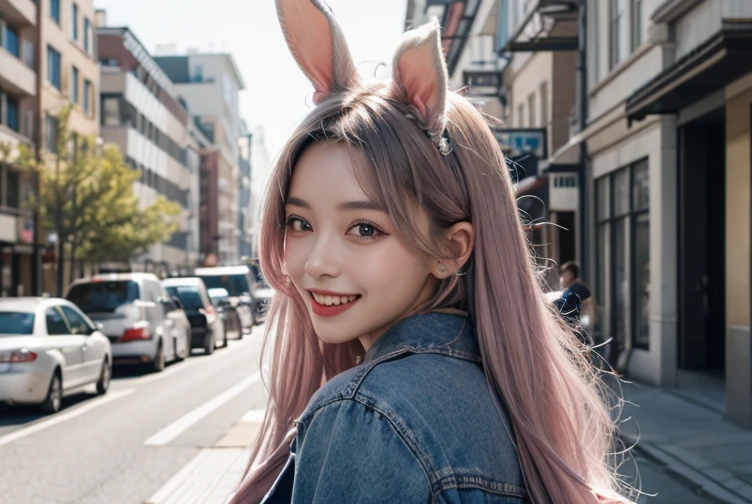 26 years old、Tabletop, Highest quality, shape, Very detailed, In detail, High resolution, 8k wallpaper, Perfect dynamic composition, Beautiful details, ,Long Hair,Her hair color is a gradation of silver and pink., Natural color lip, smile、Rabbit ears grow、A fusion of rabbit and human、Pointy ears、Human merging with rabbit、No ears、Humans without ears、The rabbit has a tail.、Clothes with fur、Ears hidden by hair、Street Snap、Large front teeth、Blue sky park