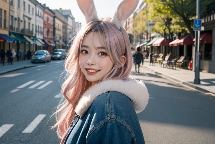 26 years old、Tabletop, Highest quality, shape, Very detailed, In detail, High resolution, 8k wallpaper, Perfect dynamic composition, Beautiful details, ,Long Hair,Her hair color is a gradation of silver and pink., Natural color lip, smile、Rabbit ears grow、A fusion of rabbit and human、Pointy ears、Human merging with rabbit、No ears、Humans without ears、The rabbit has a tail.、Clothes with fur、Ears hidden by hair、Street Snap、Large front teeth、Blue sky park