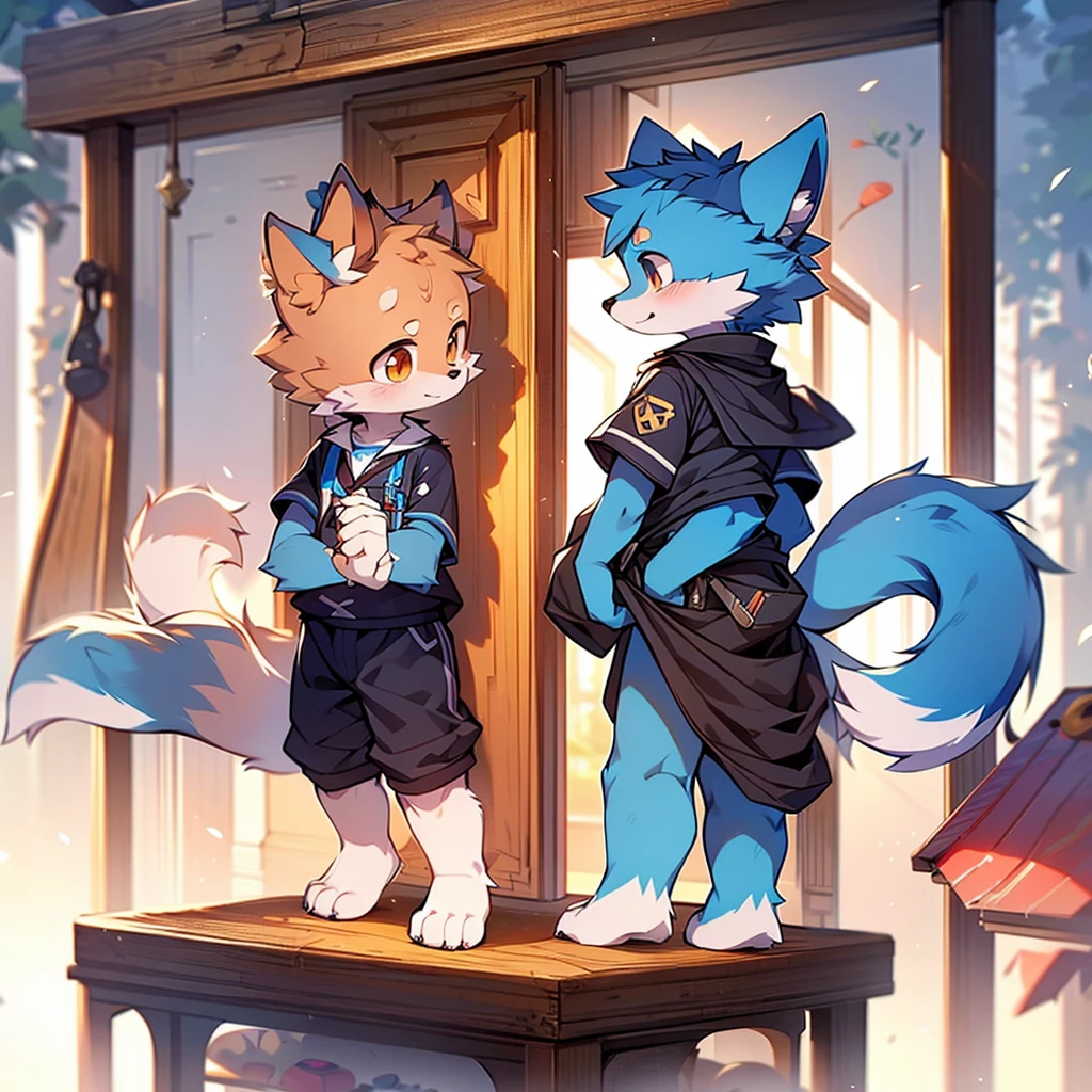 Blue fur, Canine, fox motif, boy, uniform,expensive,Stand on your feet,