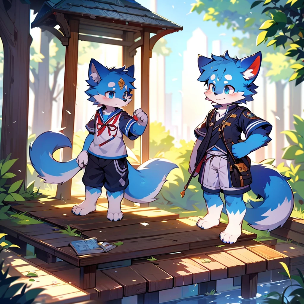 Blue fur, Canine, fox motif, boy, uniform,expensive,Stand on your feet,