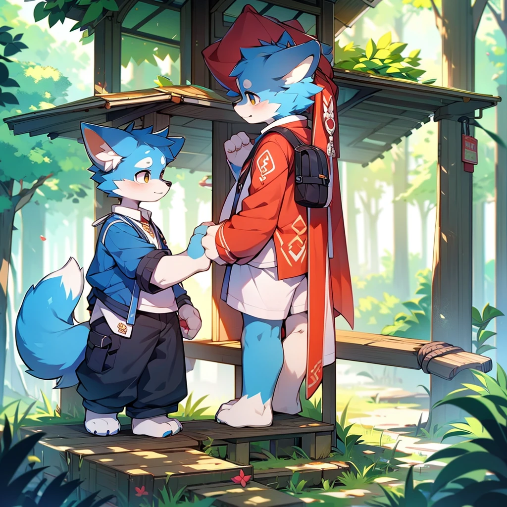 Blue fur, Canine, fox motif, boy, uniform,expensive，Stand on your feet，