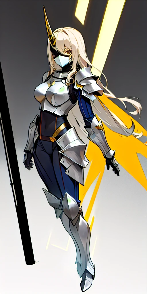 1Girl, Hero suit, Armored, Looking strait, portrait, horn, shoulder armor, Masked hero, Full body