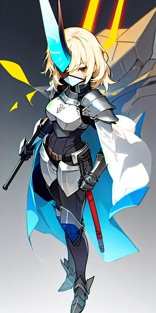 1Girl, Hero suit, Armored, Looking strait, portrait, horn, shoulder armor, Masked hero, Full body