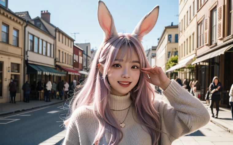 26 years old、Tabletop, Highest quality, shape, Very detailed, In detail, High resolution, 8k wallpaper, Perfect dynamic composition, Beautiful details, ,Long Hair,Her hair color is a gradation of silver and pink., Natural color lip, smile、Rabbit ears grow、A fusion of rabbit and human、Pointy ears、Human merging with rabbit、No ears、Humans without ears、The rabbit has a tail.、Clothes with fur、Ears hidden by hair、Street Snap、Large front teeth、Blue sky park