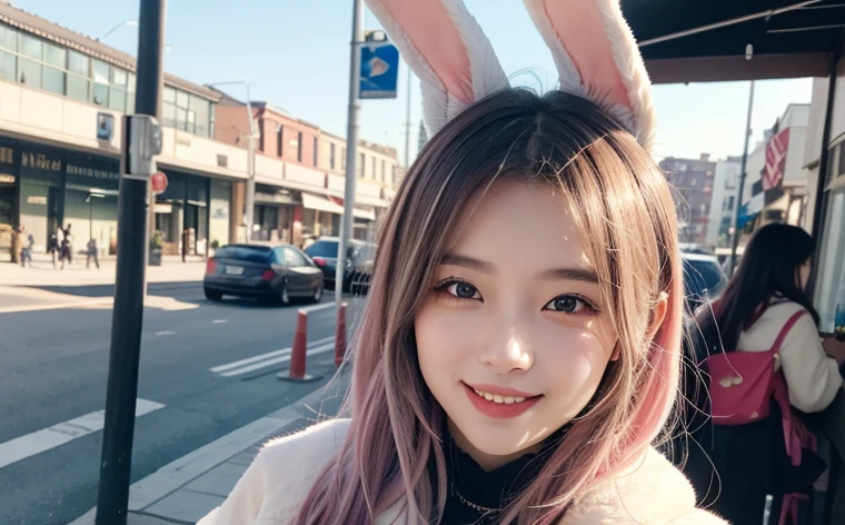 26 years old、Tabletop, Highest quality, shape, Very detailed, In detail, High resolution, 8k wallpaper, Perfect dynamic composition, Beautiful details, ,Long Hair,Her hair color is a gradation of silver and pink., Natural color lip, smile、Rabbit ears grow、A fusion of rabbit and human、Pointy ears、Human merging with rabbit、No ears、Humans without ears、The rabbit has a tail.、Clothes with fur、Ears hidden by hair、Street Snap、Large front teeth、Blue sky park