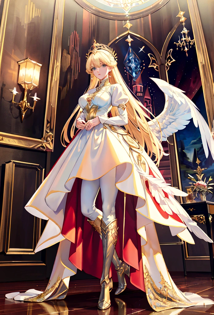 Arafed, a picture of a female angel in high society prom event, divine beautiful female angel, blond hair, long hair, flowing hair, the hair glows in a soft light, cerulean eyes, deep light eyes, divine beautiful face, (spread white feather wings: 1.1), she wears a ((red evening dress: 1.2)), elegant, intricate detailed dress, silk dress, she wears elegant knee high heeled boots, exquisite high heeled boots, she stands on the porch of a fantasy castle, dynamic angle, soft torch light, (Masterpiece: 1.5), 16k, highres, best quality, high details, ultra detailed, masterpiece, best quality, (extremely detailed), AngelStyle, GlowingRunesAI_paleblue, angel_wings