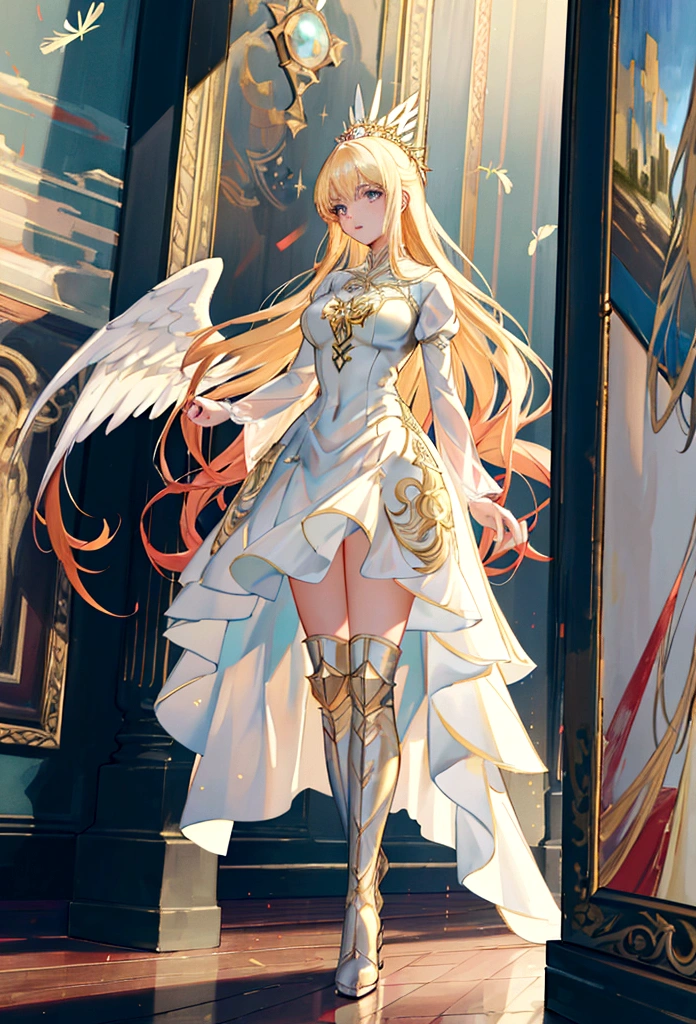 Arafed, a picture of a female angel in high society prom event, divine beautiful female angel, blond hair, long hair, flowing hair, the hair glows in a soft light, cerulean eyes, deep light eyes, divine beautiful face, (spread white feather wings: 1.1), she wears a ((red evening dress: 1.2)), elegant, intricate detailed dress, silk dress, she wears elegant knee high heeled boots, exquisite high heeled boots, she stands on the porch of a fantasy castle, dynamic angle, soft torch light, (Masterpiece: 1.5), 16k, highres, best quality, high details, ultra detailed, masterpiece, best quality, (extremely detailed), AngelStyle, GlowingRunesAI_paleblue, angel_wings