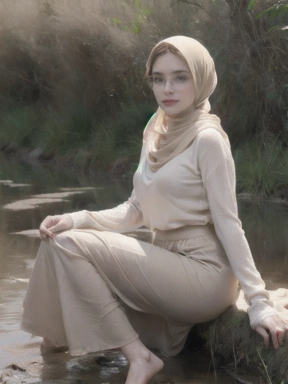 RAW, Best quality, high resolution, Masterpiece: 1.3), Beautiful Emma Watson woman in hijab, aged 35, Masterpiece, Perfect slim body, perfect make up, Beautiful big eyes, perfect make up, Watery eyes, perfect nose, Soft smile, Wet lips, Big breasts, ((Wearing a beige long-sleeved sweater, white square hijab, brown long plisket skirt, round frame glasses)),sitting position on muddy rice paddy field, (( spilled mud on full body)),((mud on face)), muddy rice field, rice field background, ,(big boobs)big breasts, , (cleavage),(characters play),looking to camera, smiling,( long black hair),(perfect fingers),(perfect blue eyes),masterpiece collection,seductive random pose,(full body closeup camera view),high resolution, highly detailed,