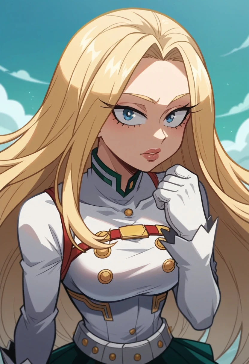 2d, Obra maestra, mejor calidad, animado, screencap boku no hero academia, a young woman with blue eyes, beautiful long blonde hair, big eyelashes, full lips with lip gloss, beautiful with a beautiful body látex with an attractive and serius look, She wears long white stockings and white boots suit with a small white low-rise mini skirt too., sleeves all designed like a hero suit with pretty details.