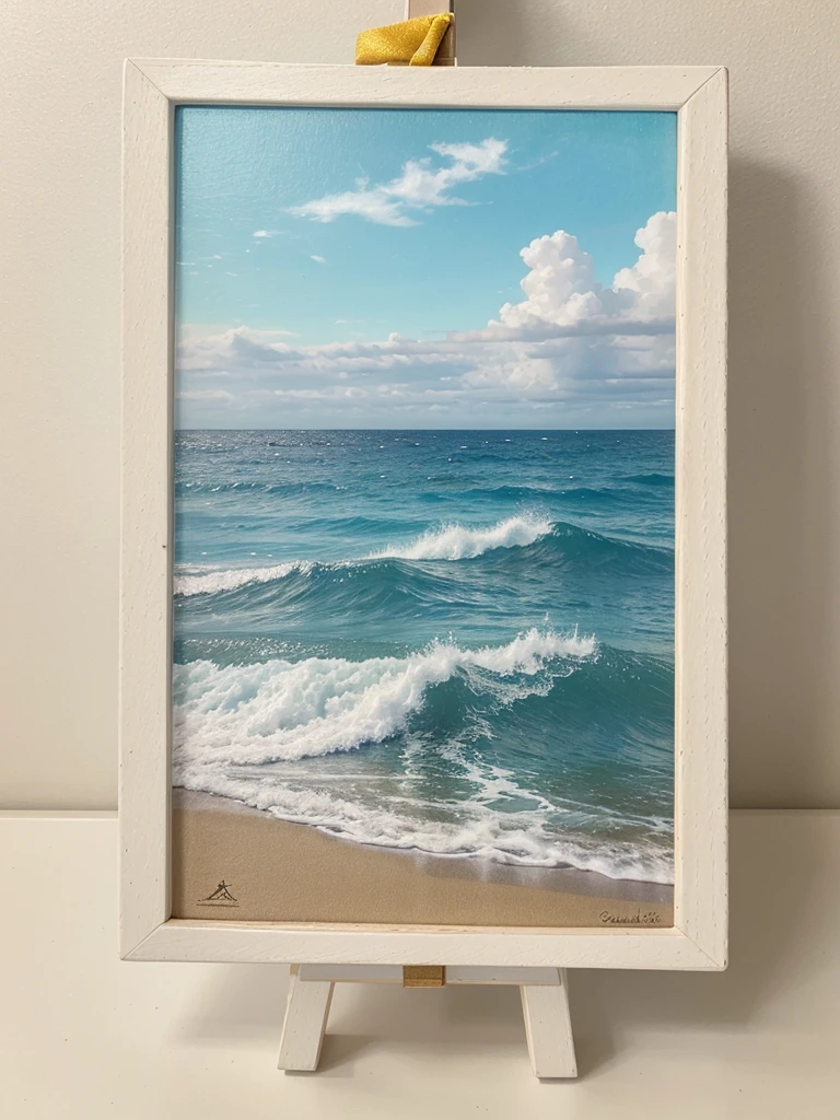 "Create a multiples photographs of a small canvas with a sea-themed painting in secuency process on an easel."
