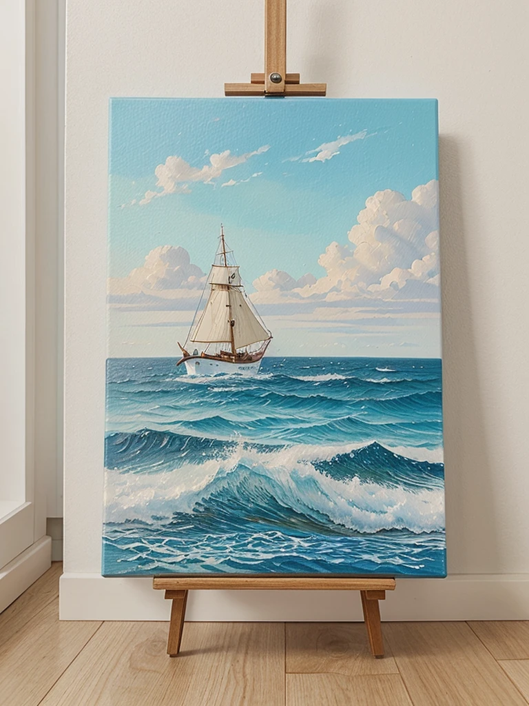"Create a multiples photographs of a small canvas with a sea-themed painting in secuency process on an easel."