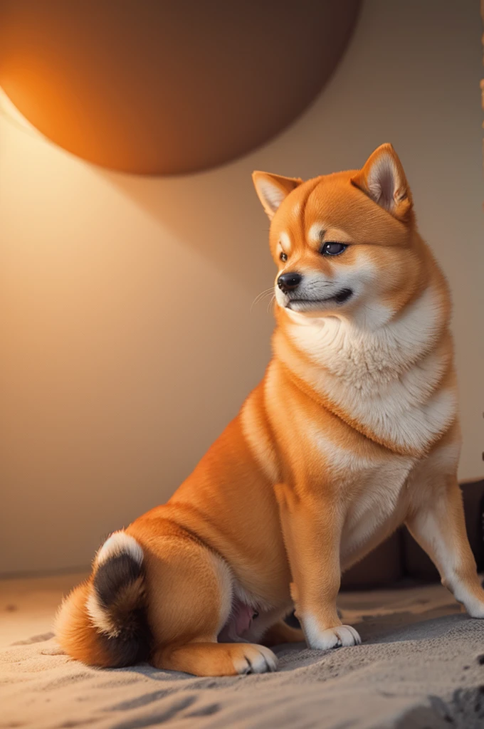 caramel shiba inu dog sitting on the moon wearing orange coat